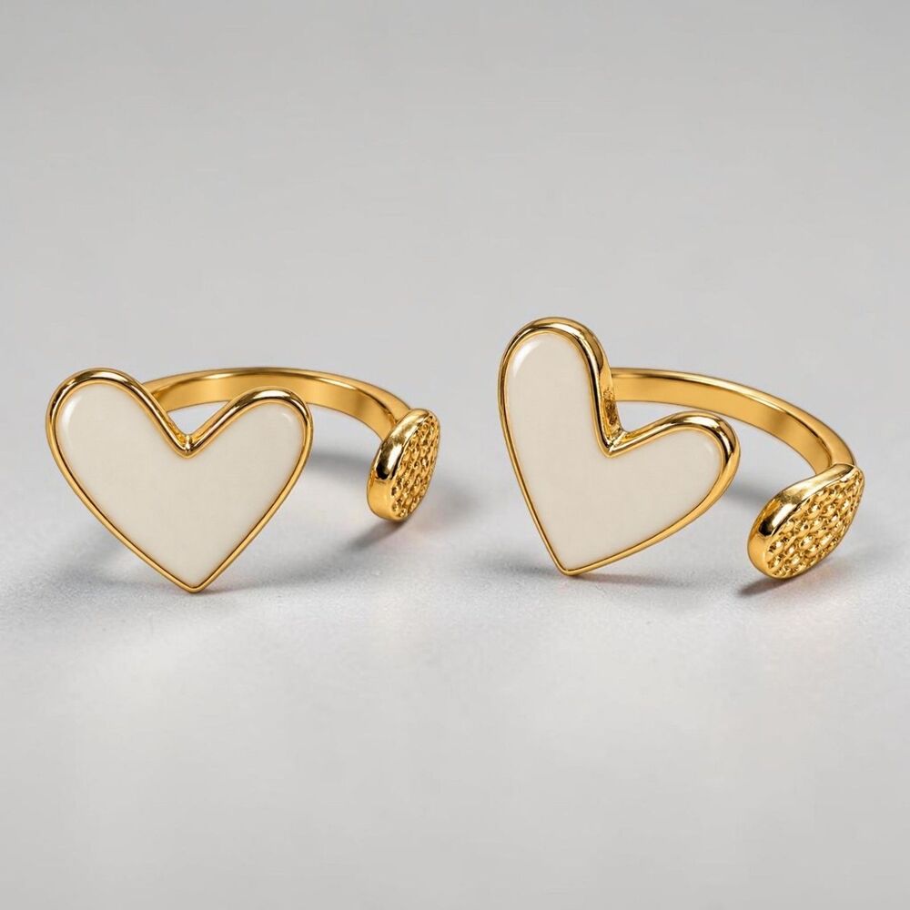2 Gold Tone White Heart Open Rings Dainty Coquette Romantic Jewelry